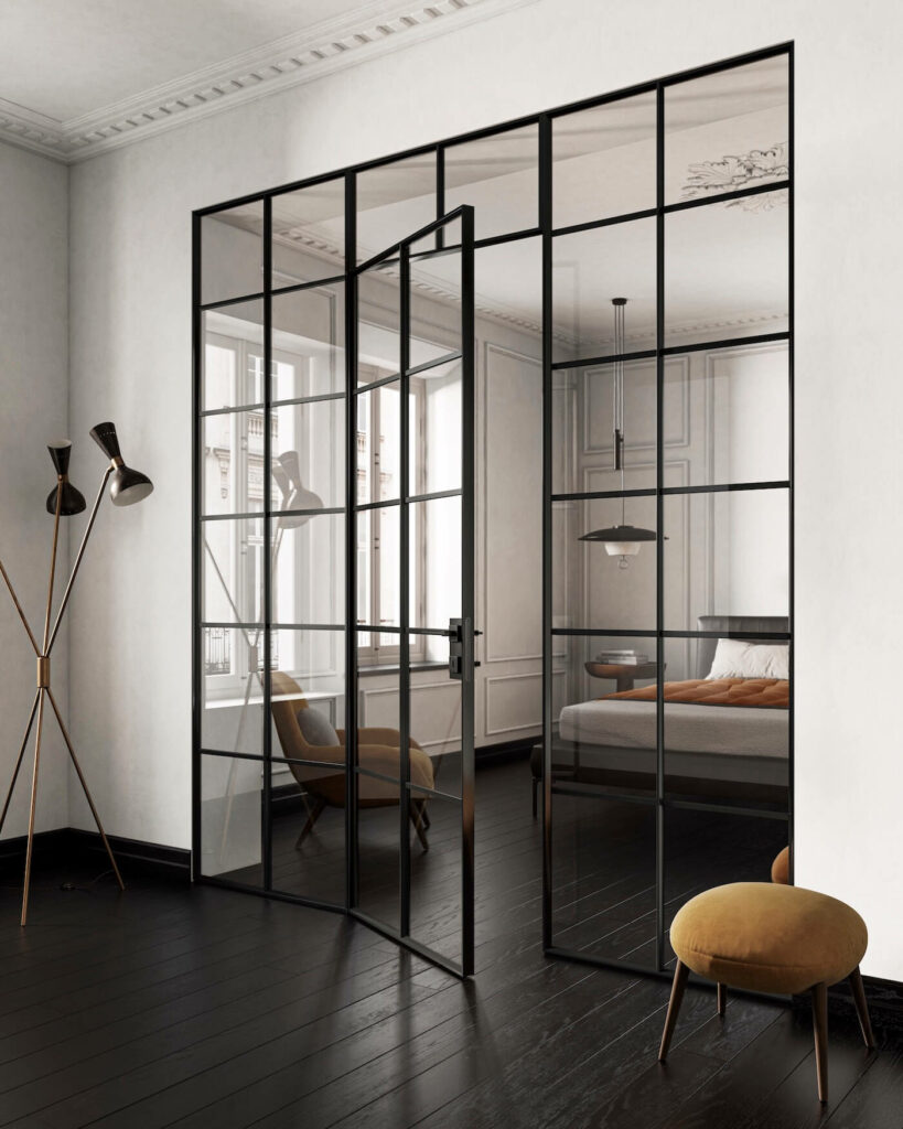 Porta in vetro e profili metallici stile industrial 