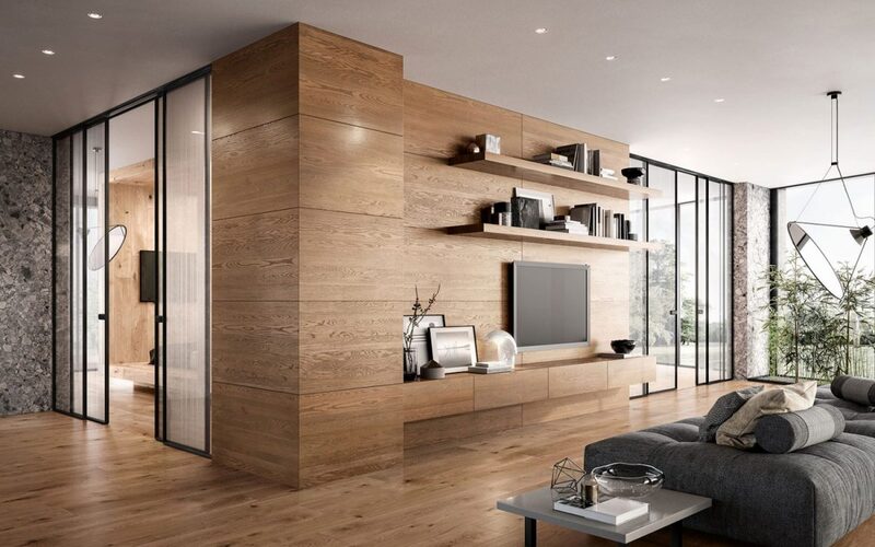 Boiserie per parete attrezzata living rovere caldo seta