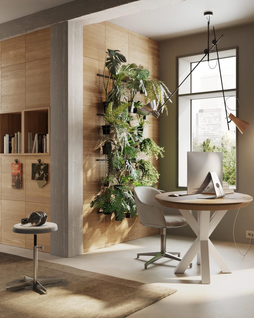 Home office con boiseri e libreria in legno