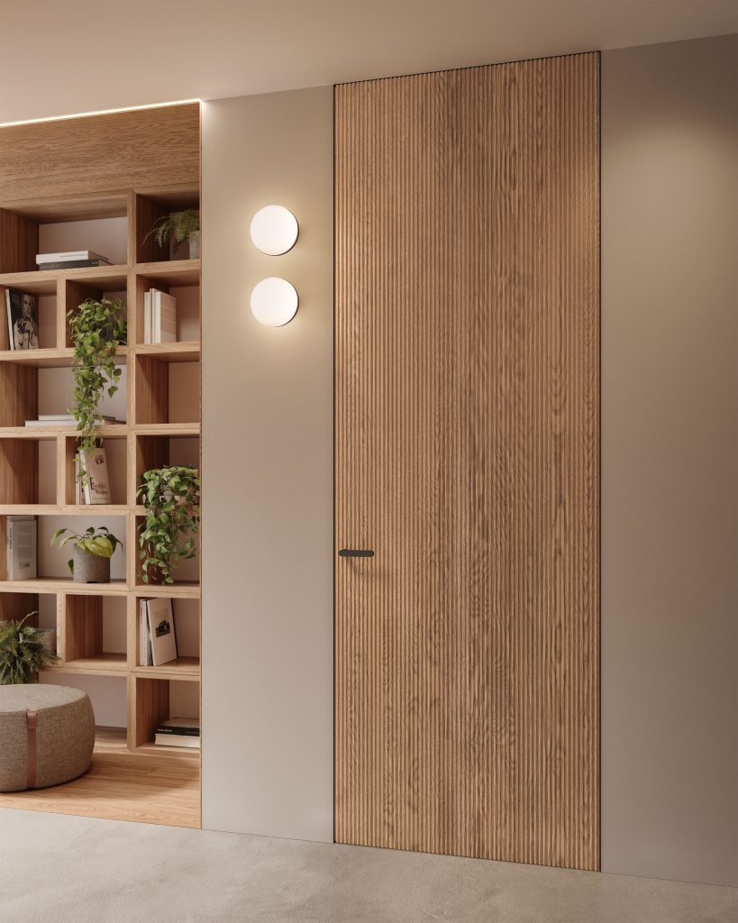 Porta Filomuro a tutta altezza modello Quadra in Rovere Seta. Parquet Platinum Selection e Boiserie Quadra in legno massiccio Rovere Seta.