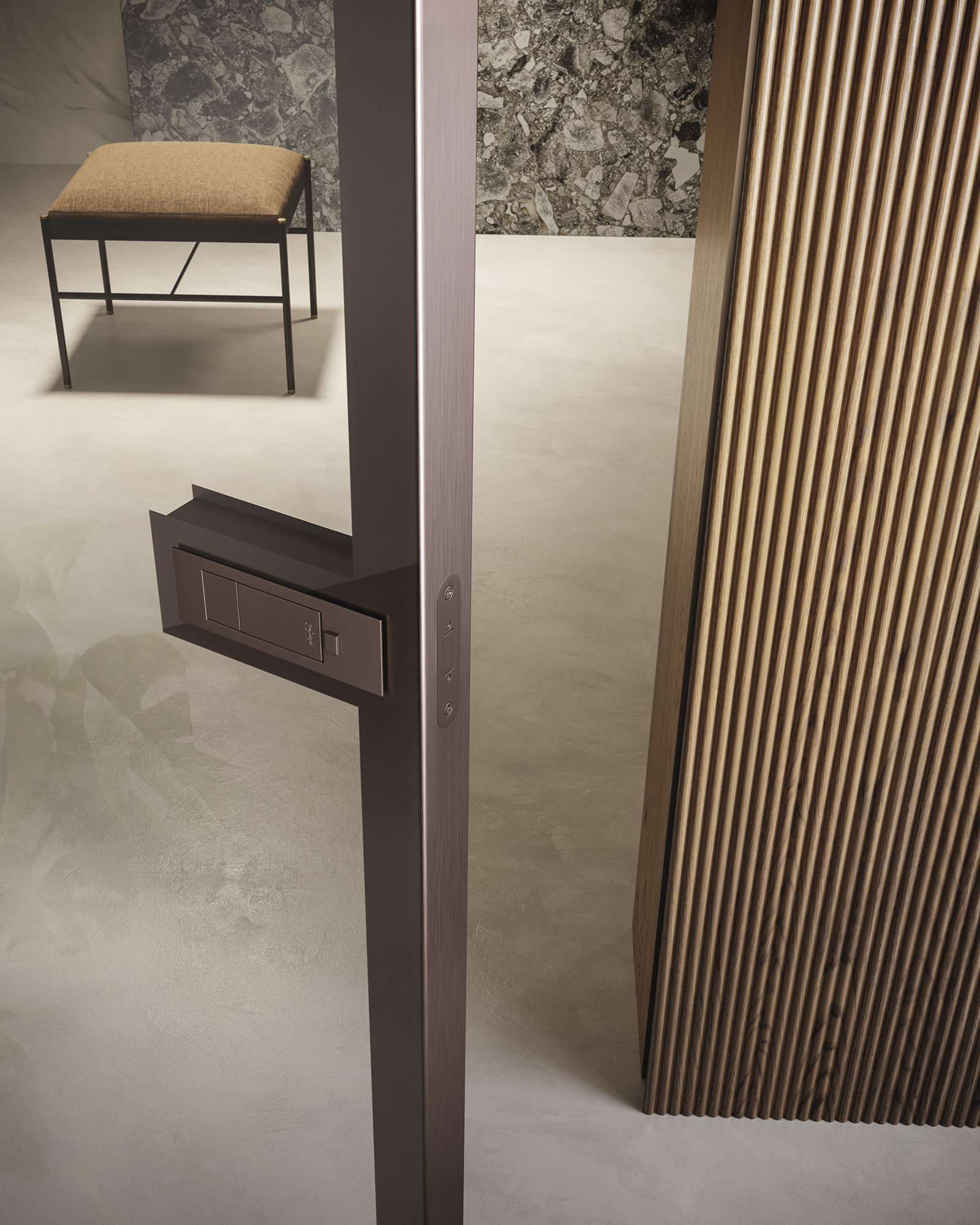 Porta a vetro oversize Total Biglass Garofoli con profili metallizzati finitura brown e boiserie in legno massiccio Onda Rovere Terra e vetro effetto marmo Borghini Grey