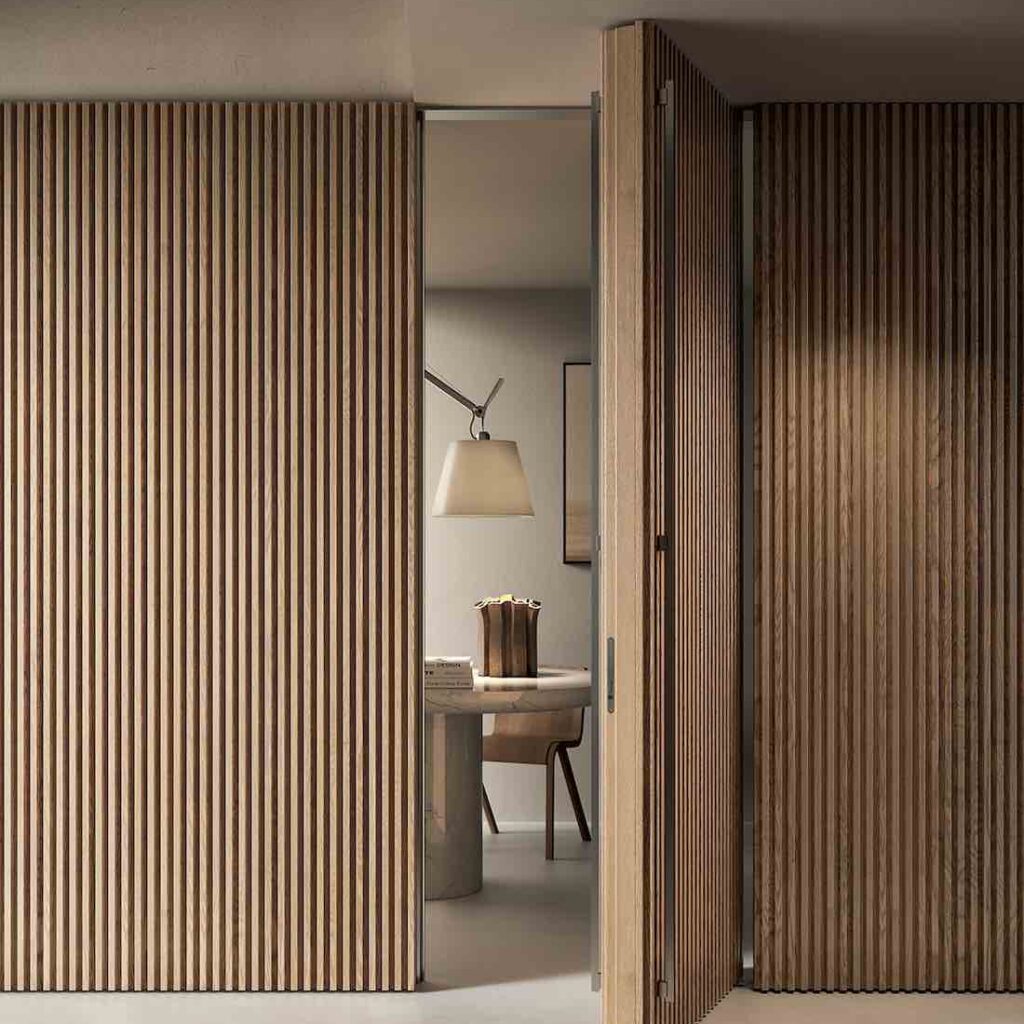 Porta Filomuro bilico e Boiserie Strips Wood Cromo Satinato Garofoli